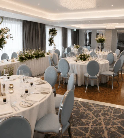 Elegant hotel ballroom with round tables, floral centrepieces, and plush chairs, perfect for weddings or events.