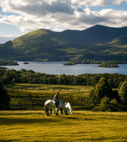Scenic view of lush landscape with horses grazing, rolling hills, and serene lake under a blue sky near the hotel.