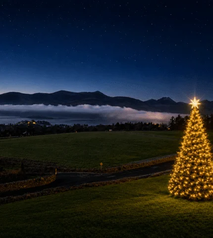 Stunning night view of lit Christmas tree and misty hills from hotel garden with serene ambiance.