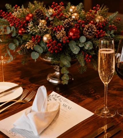 Elegant festive dining table with champagne and wine glasses, ornate centrepiece, menu, and fine cutlery at luxury hotel.