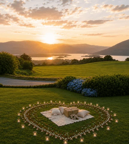 Serene sunset picnic setup on lush hotel lawn overlooking tranquil lake and mountains, with cosy blankets and lanterns.