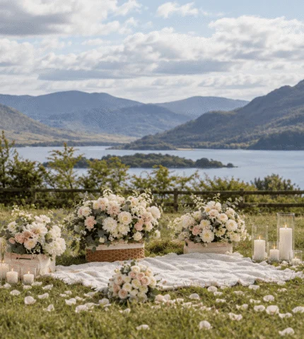 Serene mountain view with elegant outdoor wedding setup at lakeside hotel, featuring floral arrangements and candles.