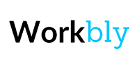 White hotel lobby logo sign reading "Workbly" in black and blue, modern coworking lounge branding, sleek minimalist design